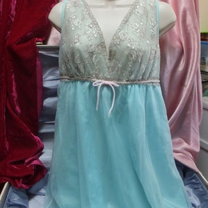 Vintage 60s/70s Ankle Length Blue Chiffon & Lace Nightgown by Deena, Medium