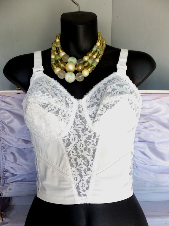 Vintage Bra, PIN UP Bra, Formfit, Bullet Long Line Bra, White Lace