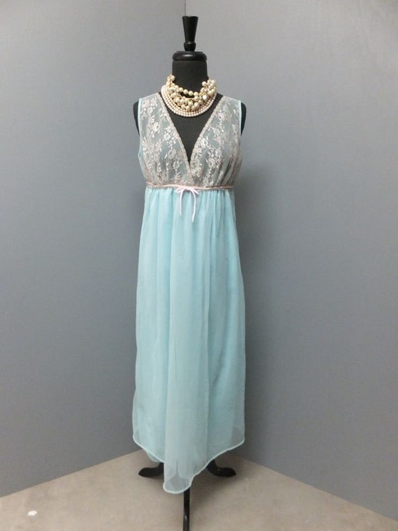 Vintage 60s/70s Ankle Length Blue Chiffon & Lace … - image 2