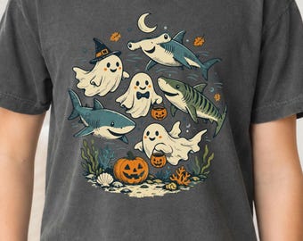Maglietta per bambini con squalo e fantasma per Halloween, maglietta spettrale con tema oceano per dolcetto o scherzetto (colori comodi) S-4XL