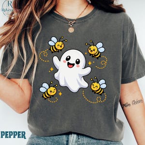 Boo Bees Ghost Bee Tee, Comfort Colors Halloween Shirt (Pepper)