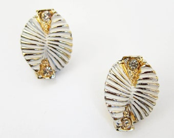 vintage white enamel twist earrings | gold & rhinestone clip jewelry | 1980s clip on earrings