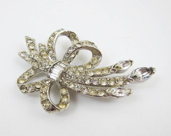 1950s rhinestone bow brooch | vintage silver and sparkle ribbon pin