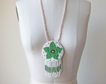 90s beaded folk necklace | vintage large green & white native fringe necklace | star pendant