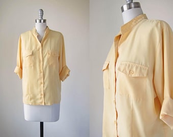 90s yellow button down shirt | vintage cuffed sleeve top || small | medium | s | m