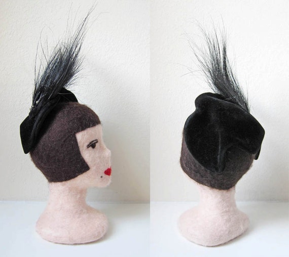 30s black velvet topper | vintage aigrette plume h