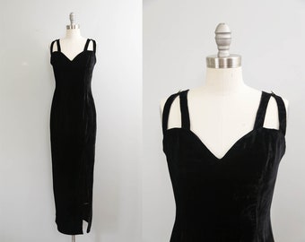 SARAHKATES 90s Velvet Black Dress | Long Velour Gown | Rhinestone Strap Dress | Extra Small | Xs