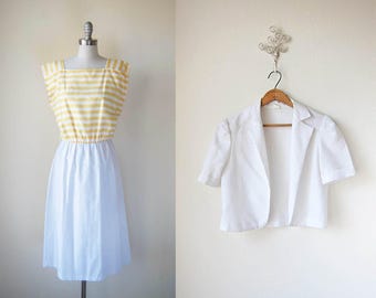 vintage yellow stripe dress set | 1980s white short sleeve bolero jacket || medium | m