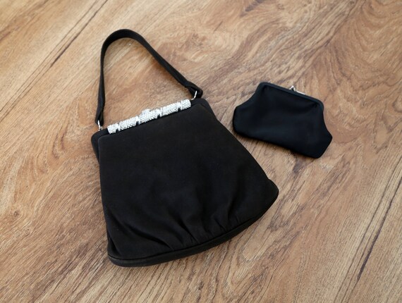 50s black suede evening bag | vintage rhinestone … - image 6