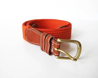 vintage orange brass buckle belt | 1980s sturdy cotton | brown leather || extra small | small | xs | s