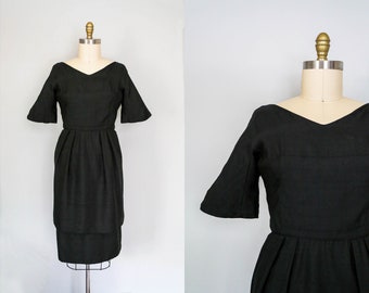 1950s silk blend black dress | vintage fitted waist tiered midi skirt | bell sleeve cocktail dress || extra small | xs