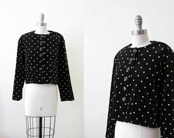 1980s vintage black white crop velvet polka dot jacket blazer jacket || small | s