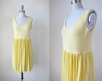 90s yellow sleeveless dress | stretch pullover cover up || small | medium | s | m