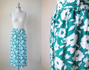 1980s teal green skirt | vintage long flower print || extra small | xs