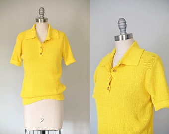 1950s yellow polo sweater | vintage short sleeve knit top | 50s wood button jumper || small | s