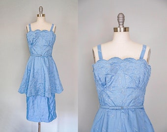 1950s blue party dress | vintage sleeveless belted waist | embroidered scalloped neckline dress || extra small | xs