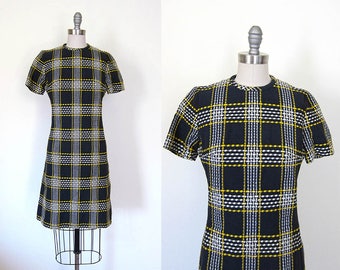 60s navy blue plaid dress | vintage short sleeve wiggle pocket dress ||| extra small | small | xs | s