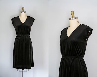 1970s black velvet dress | vintage velour cap sleeve pullover | butterfly button dress || small | medium | s | m