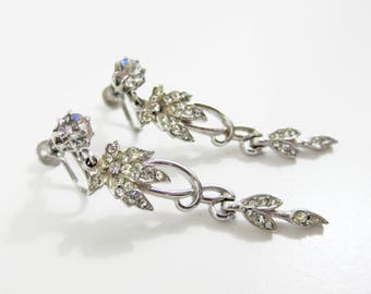 1940s silver rhinestone earrings | vintage screwback drop jewelry | evening earrings