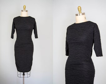 1980s stretch black dress | vintage long sleeve open back | gathered waist cocktail evening dress || small | medium | s | m