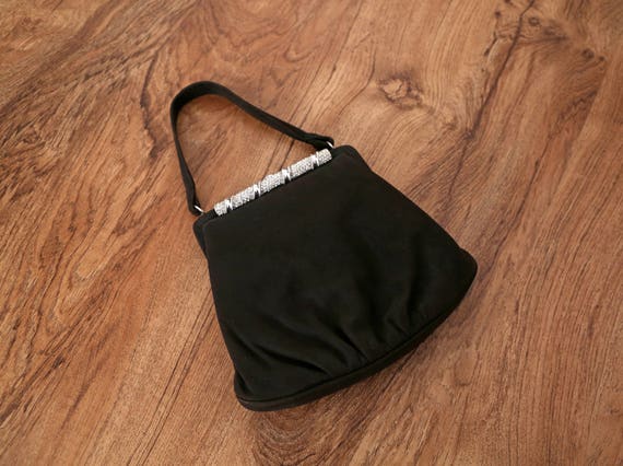 50s black suede evening bag | vintage rhinestone … - image 1