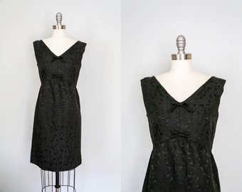 vintage little black dress | 1960s floral jacquard empire waist | sleeveless short cocktail dress || extra small | small | xs | s