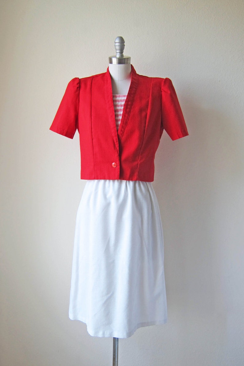 vintage red stripe dress set 1980s pink & white short sleeve bolero jacket small medium s m image 2