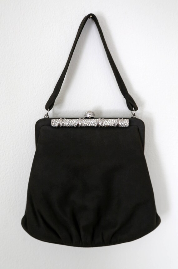 50s black suede evening bag | vintage rhinestone … - image 2