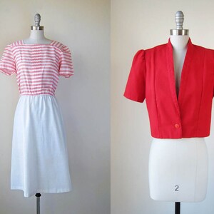 vintage red stripe dress set 1980s pink & white short sleeve bolero jacket small medium s m image 1