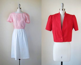 vintage red stripe dress set | 1980s pink & white short sleeve bolero jacket || small | medium | s | m