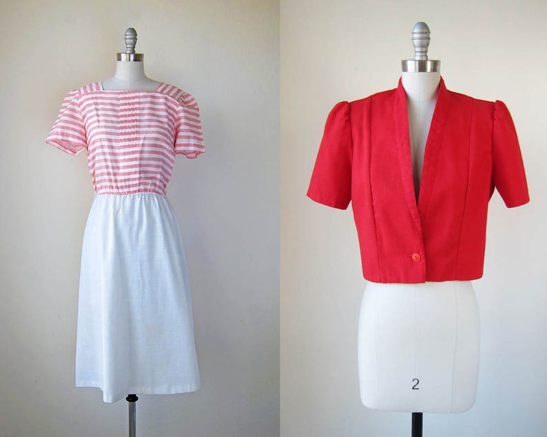 vintage red stripe dress set 1980s pink & white short sleeve bolero jacket small medium s m image 1