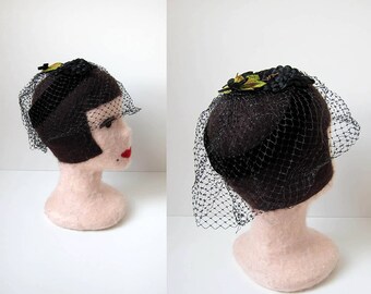 1950s french veil hat | vintage velvet grape halo | netted blusher hat