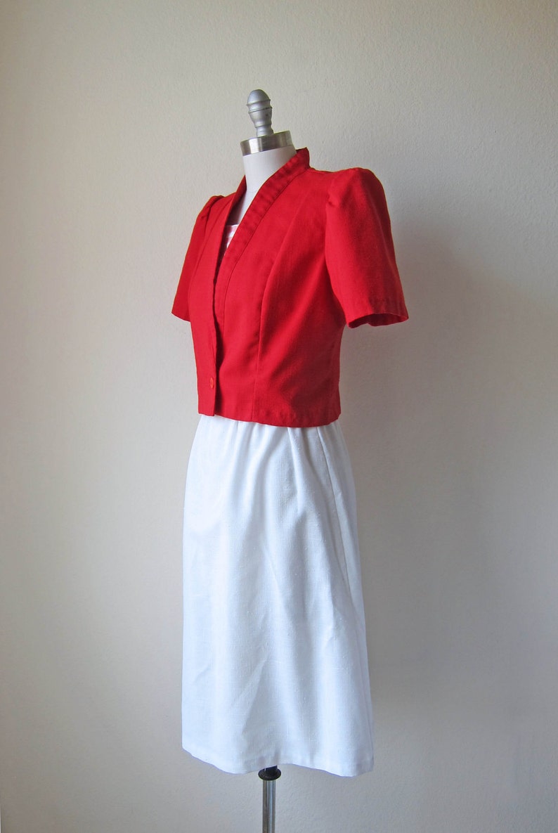 vintage red stripe dress set 1980s pink & white short sleeve bolero jacket small medium s m image 5