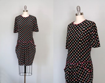 vintage polka dot silk dress | 1980s drop waist | black multi color short sleeve pocket dress || medium | m