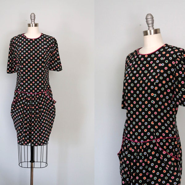 vintage polka dot silk dress | 1980s drop waist | black multi color short sleeve pocket dress || medium | m