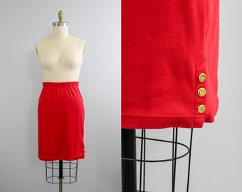 90s red stretch jersey skirt | gold button skirt | elastic waist knee length skirt | medium | m