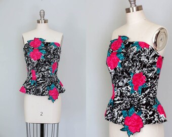 strapless corset peplum top | vintage nan duskin tube shirt | 1980s floral print cocktail wear || small | s