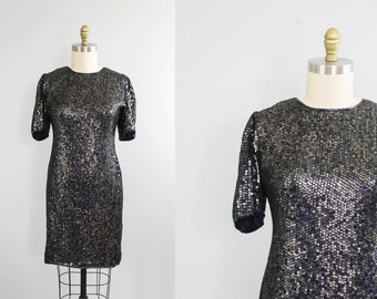 black sequin sparkle dress | vintage new old stock cocktail date dress | medium | m