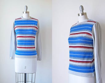 70s deadstock striped sweater | vintage gray & blue pullover jumper || small | s