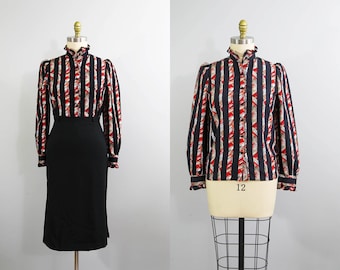 black stripe blouse | 80s ruffle collar shirt | vintage long sleeve top