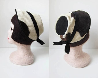 1940s chocolate & cream fur hat | vintage suede cow spot | leather grosgrain ribbon topper