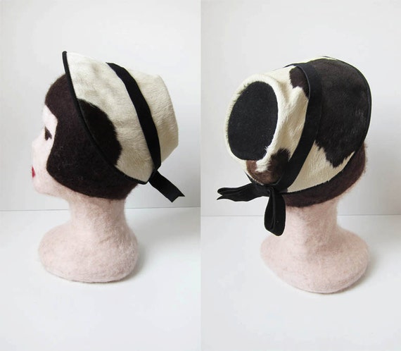 1940s chocolate & cream fur hat | vintage suede c… - image 1