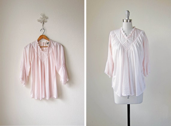 70s pale pink boho blouse | vintage silky sheer s… - image 1