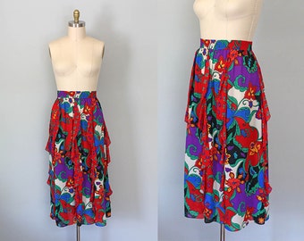 floral print ruffle skirt | vintage 1980s red flower maxi  || large | extra large | L | xl