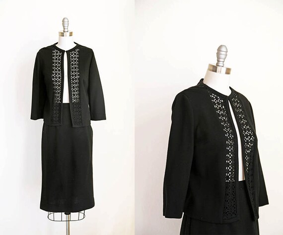 1960s black knit skirt set | vintage cutout cardig