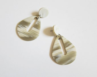 acrylic large statement earrings | vintage beige & ivory teardrop posts | pierced mottled gray jewelry