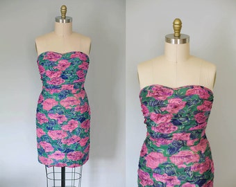 vintage strapless floral print dress | 1980s green & pink ruched cocktail dress || medium | m