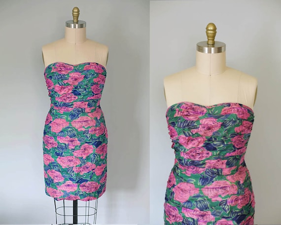 vintage strapless floral print dress | 1980s green