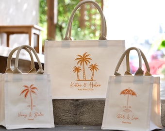 Sacolas de lembrancinhas de casamento personalizadas com palmeiras | Sacolas de boas-vindas para festa na praia | Sacola de agradecimento para convidados