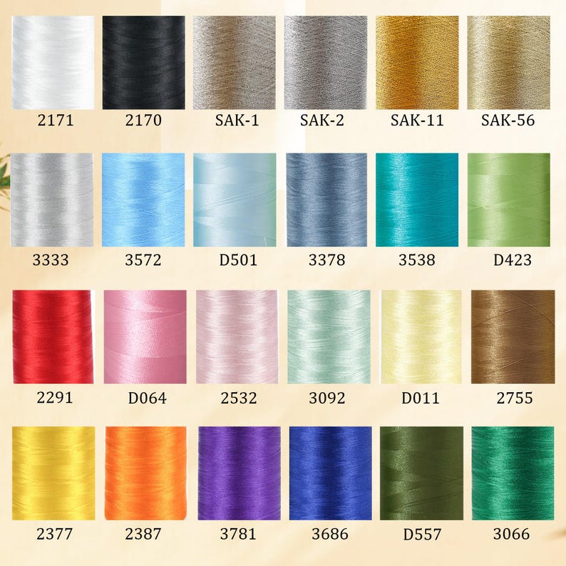 May include: A collection of colorful spools of thread, each labeled with a unique number. The threads vary in color, including white, black, gold, blue, green, red, pink, and yellow. The image is well-lit, showcasing the vibrant hues of the threads.